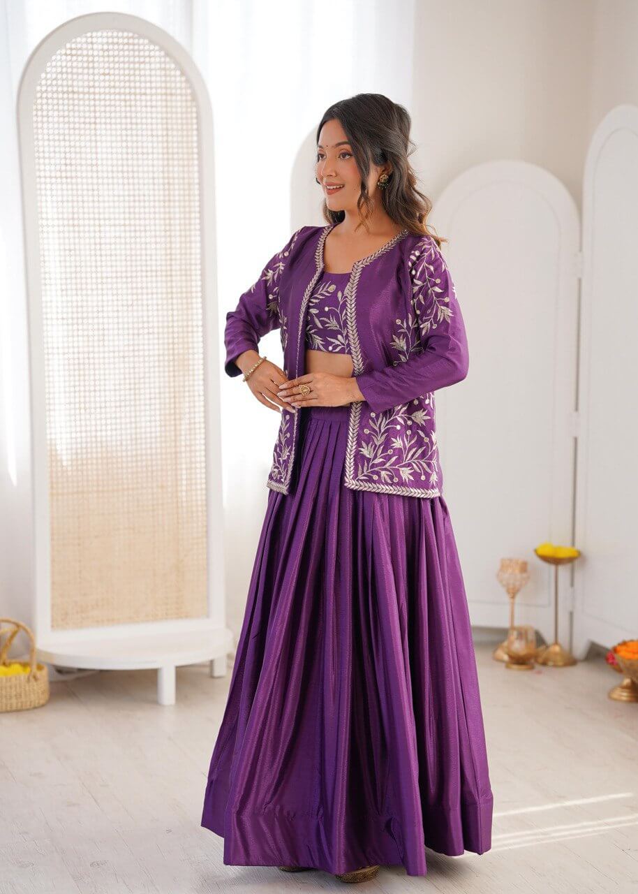 Purple Silk Lehenga with Embroidered Koti