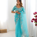 Aqua Blue Embroidered Organza Saree