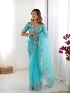 Aqua Blue Embroidered Organza Saree