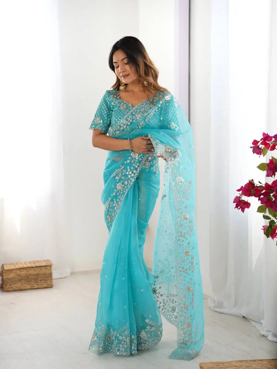 Aqua Blue Embroidered Organza Saree