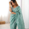 Mint Green Embroidered Crush Saree
