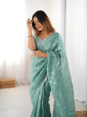 Mint Green Embroidered Crush Saree