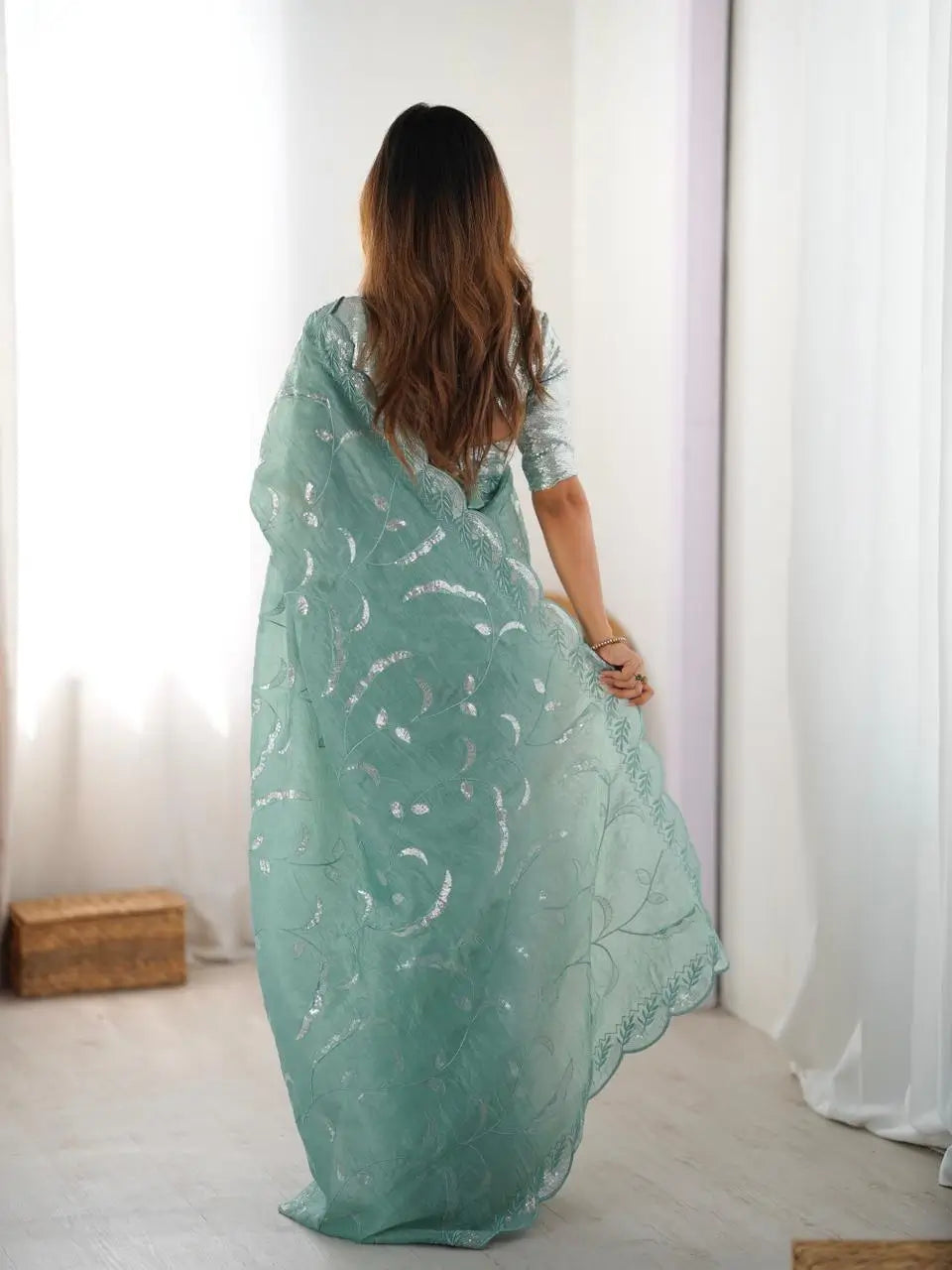 Mint Green Embroidered Crush Saree
