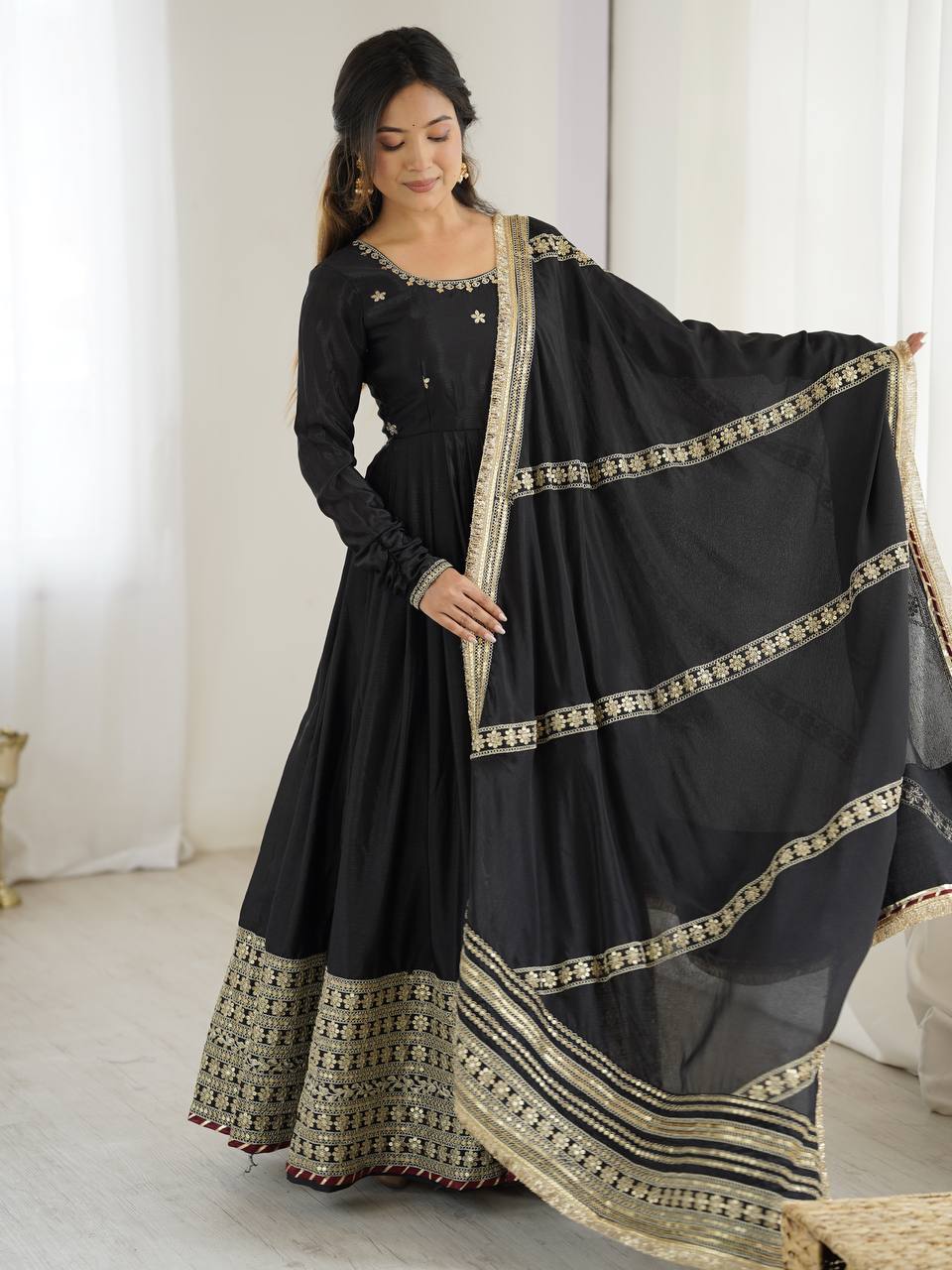 Black Chinon Silk Embroidered Gown Set