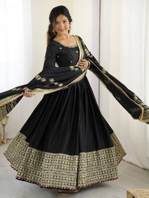 Black Chinon Silk Embroidered Gown Set