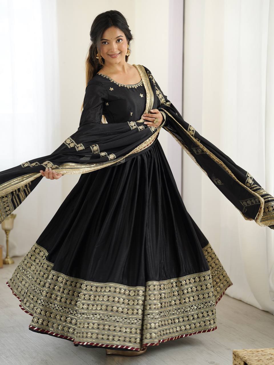 Black Chinon Silk Embroidered Gown Set