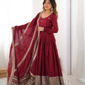 Wine Chinon Silk Embroidered Gown Set