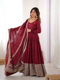 Wine Chinon Silk Embroidered Gown Set