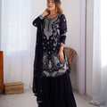 Navy Blue Faux Georgette Embroidered Sharara Set