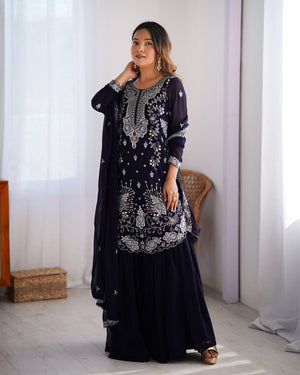 Navy Blue Faux Georgette Embroidered Sharara Set