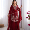 Red Faux Georgette Embroidered Sharara Set