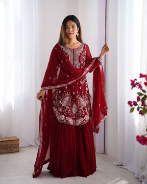 Red Faux Georgette Embroidered Sharara Set