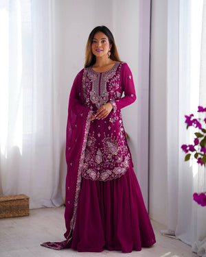 Magenta Faux Georgette Embroidered Sharara Set