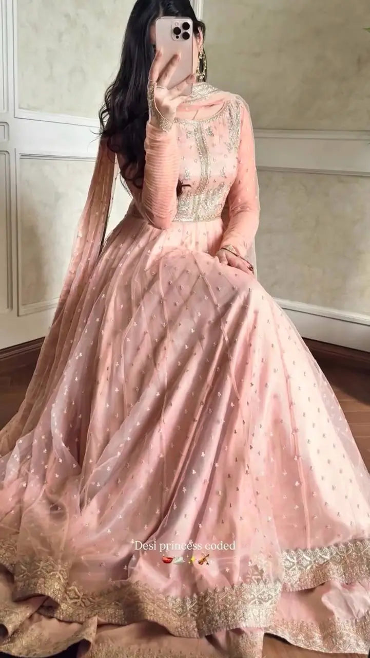 Blush Pink Embroidered Gown Lehenga Set