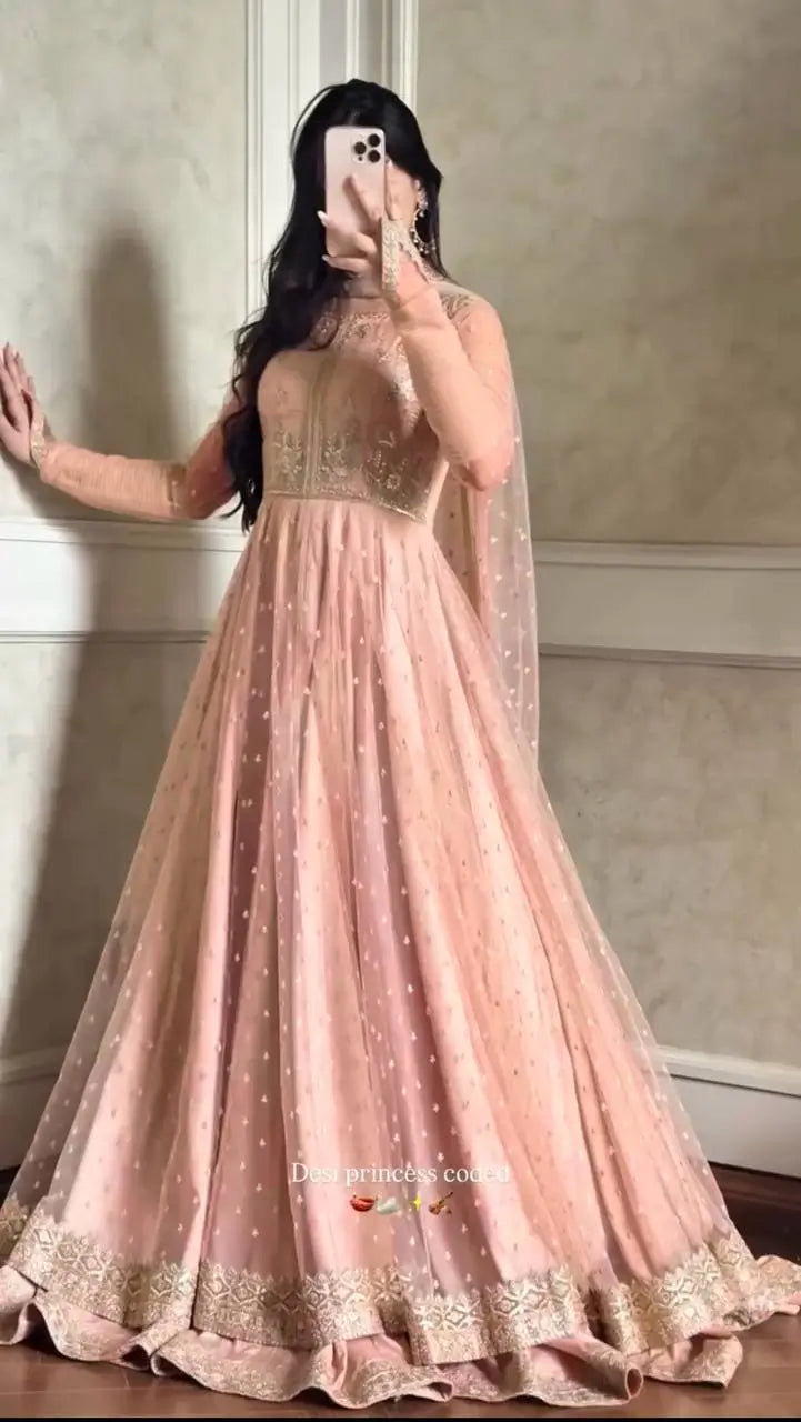 Blush Pink Embroidered Gown Lehenga Set