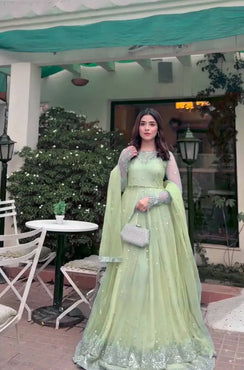 Mint Green Embroidered Gown Lehenga Set