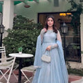 Sky Blue Embroidered Gown Lehenga Set