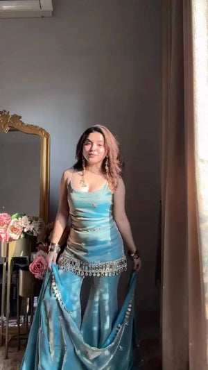 Teal Blue Mirror Work Palazzo Set