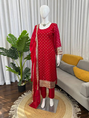 Ruby Red Embroidered Kurta Pant Set