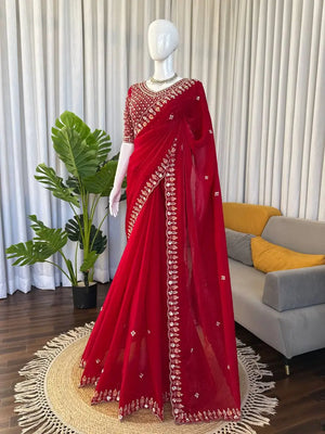 Royal Red Embroidered Designer Saree with Blouse