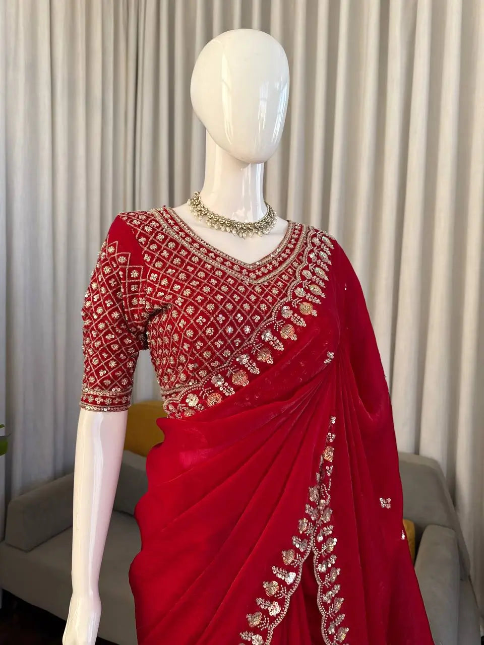Royal Red Embroidered Designer Saree with Blouse