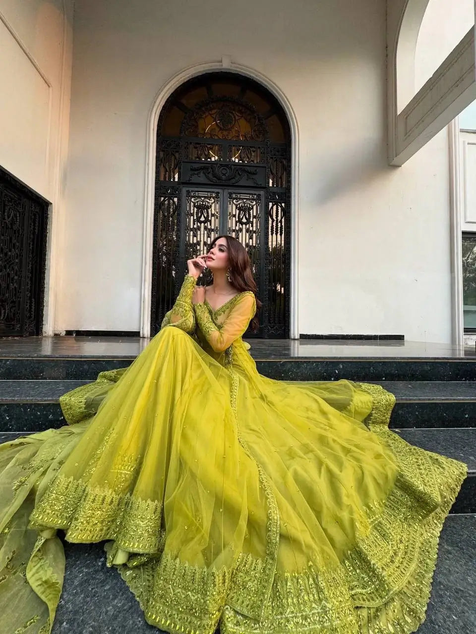 Lime Green Butterfly Net Lehenga Set with Shrug