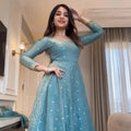 Dusty Teal Fendy Silk Anarkali Palazzo Suit Set