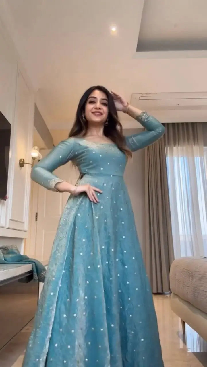 Dusty Teal Fendy Silk Anarkali Palazzo Suit Set