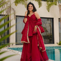Crimson Red Tabby Organza Mukesh Work Palazzo Set