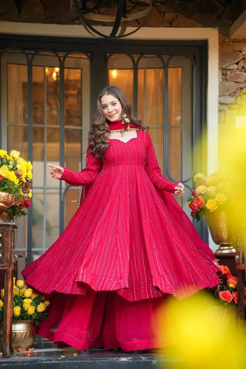 Red Pink Sequins Embroidered Anarkali Sharara Suit Set