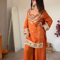 Orange Mirror Work Fendy Silk Kurta Palazzo Set