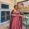 Rose Pink Chanderi Silk Embroidered Gown Pant Set