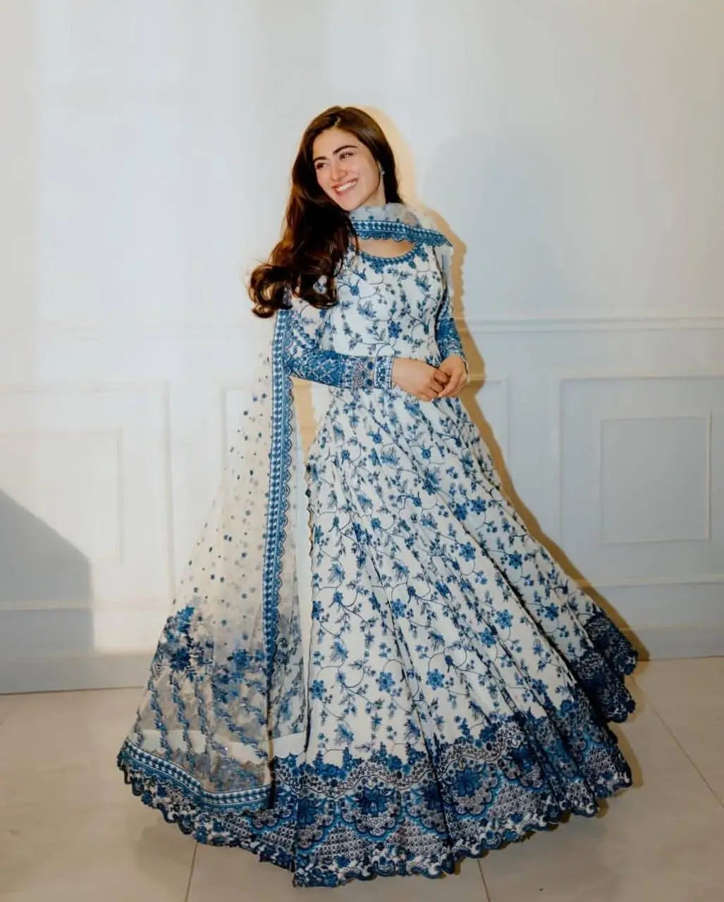 White & Blue Floral Georgette Anarkali Suit Set
