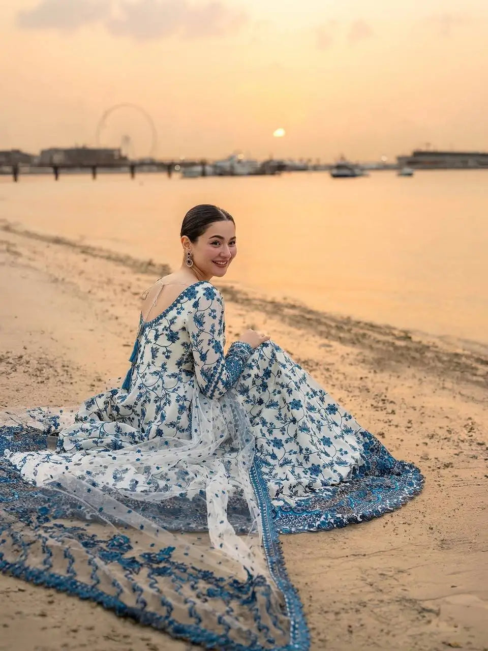White & Blue Floral Georgette Anarkali Suit Set