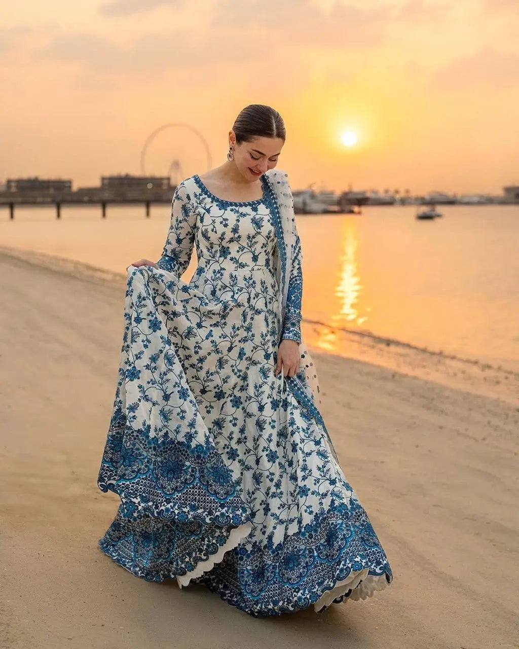 White & Blue Floral Georgette Anarkali Suit Set