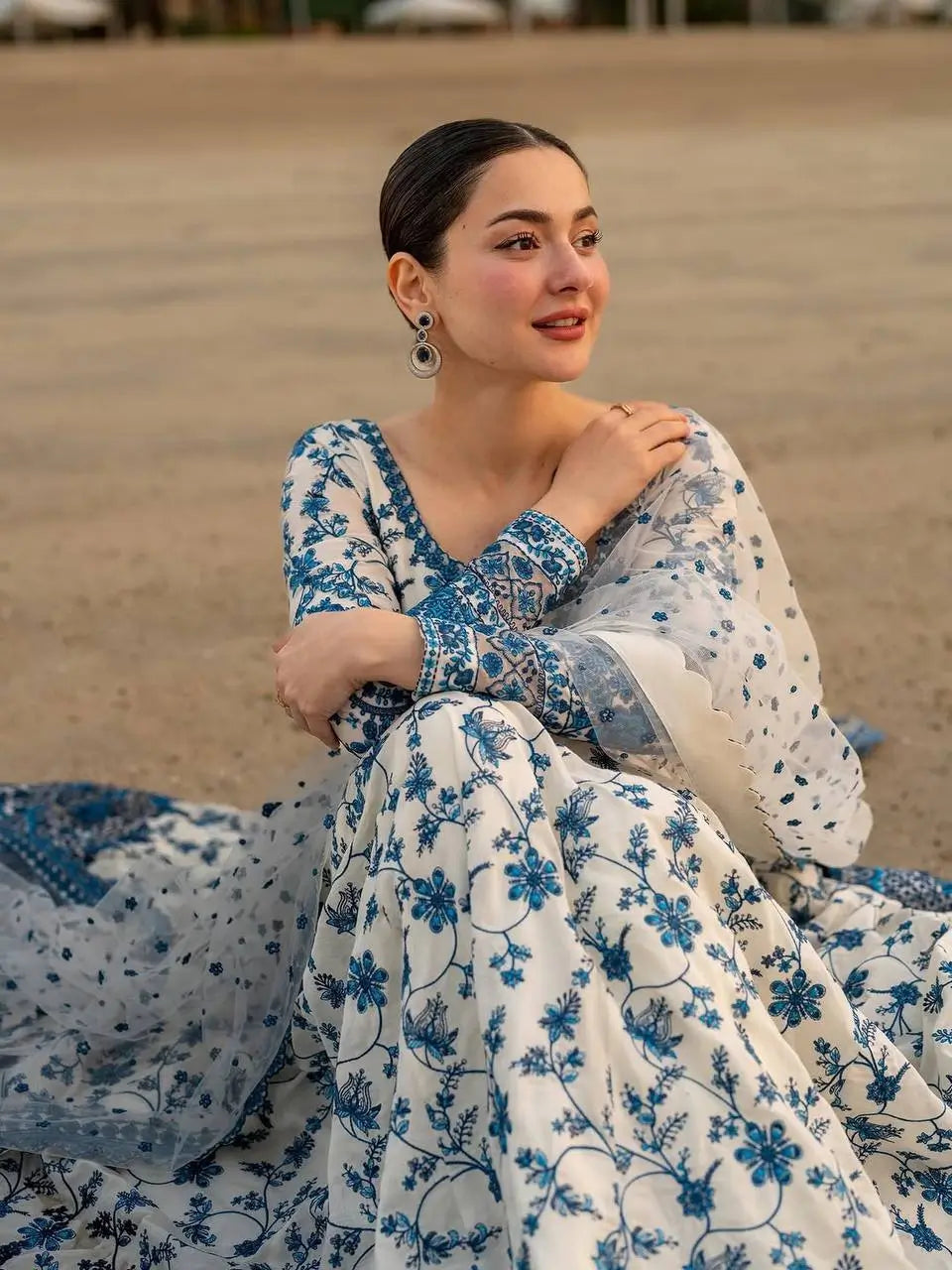 White & Blue Floral Georgette Anarkali Suit Set