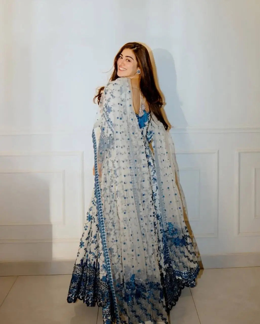 White & Blue Floral Georgette Anarkali Suit Set