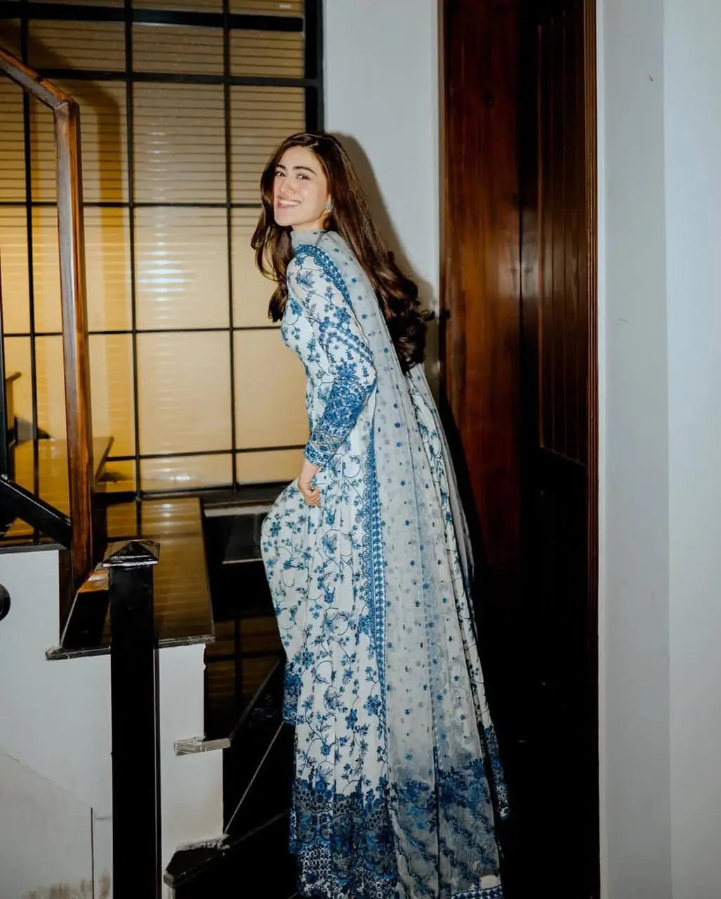 White & Blue Floral Georgette Anarkali Suit Set