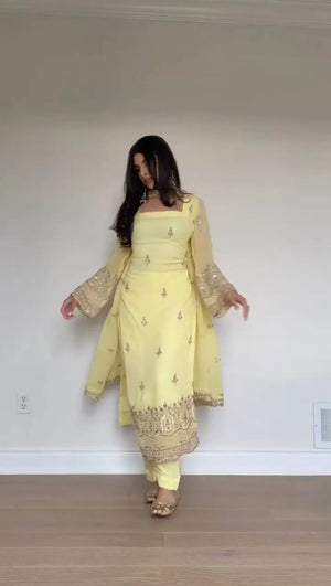 Yellow Faux Georgette Embroidered Straight Suit Set