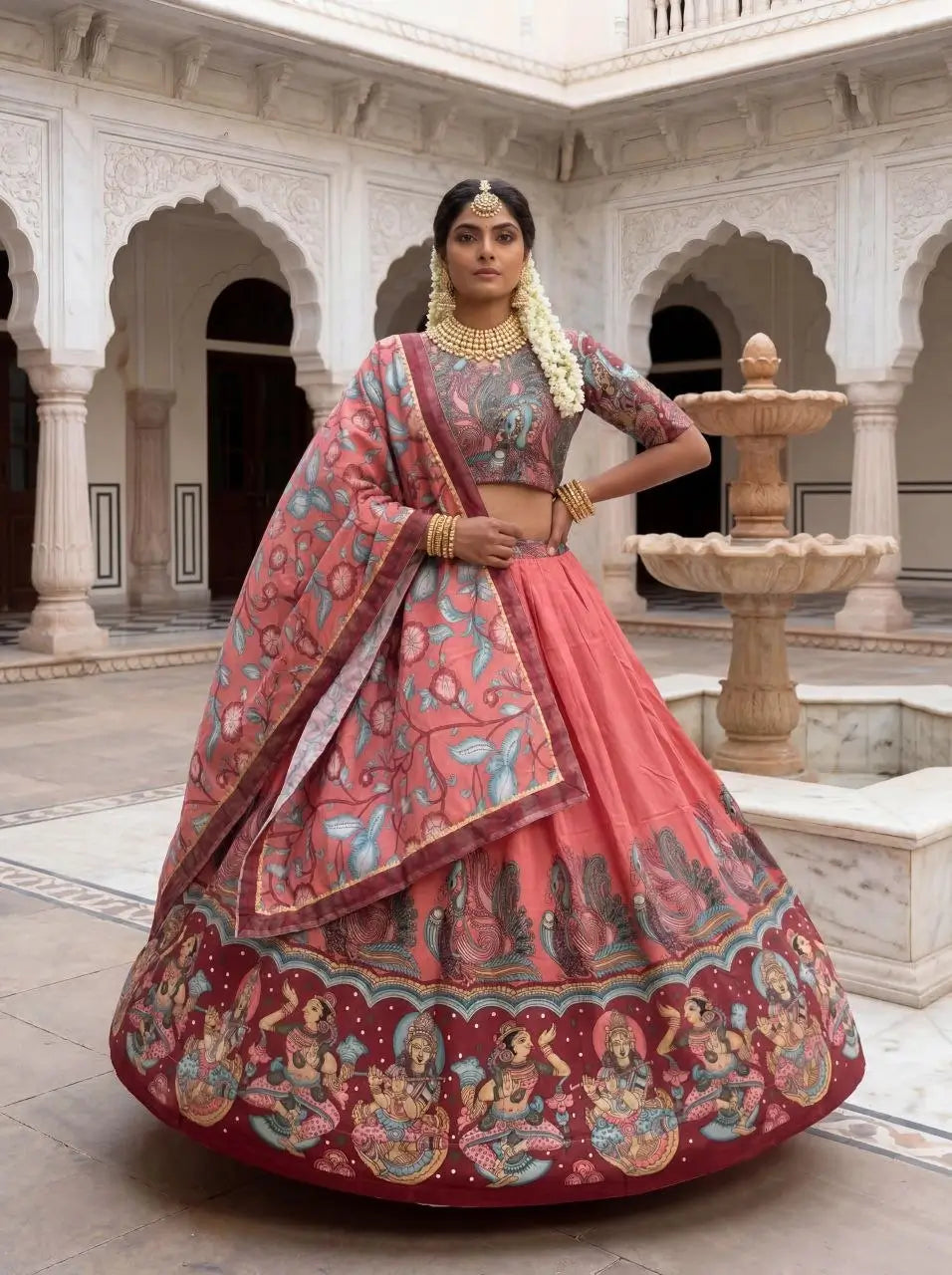 Woman in traditional pink and red embroidered outfit standing in a courtyard with arches and a fountain.