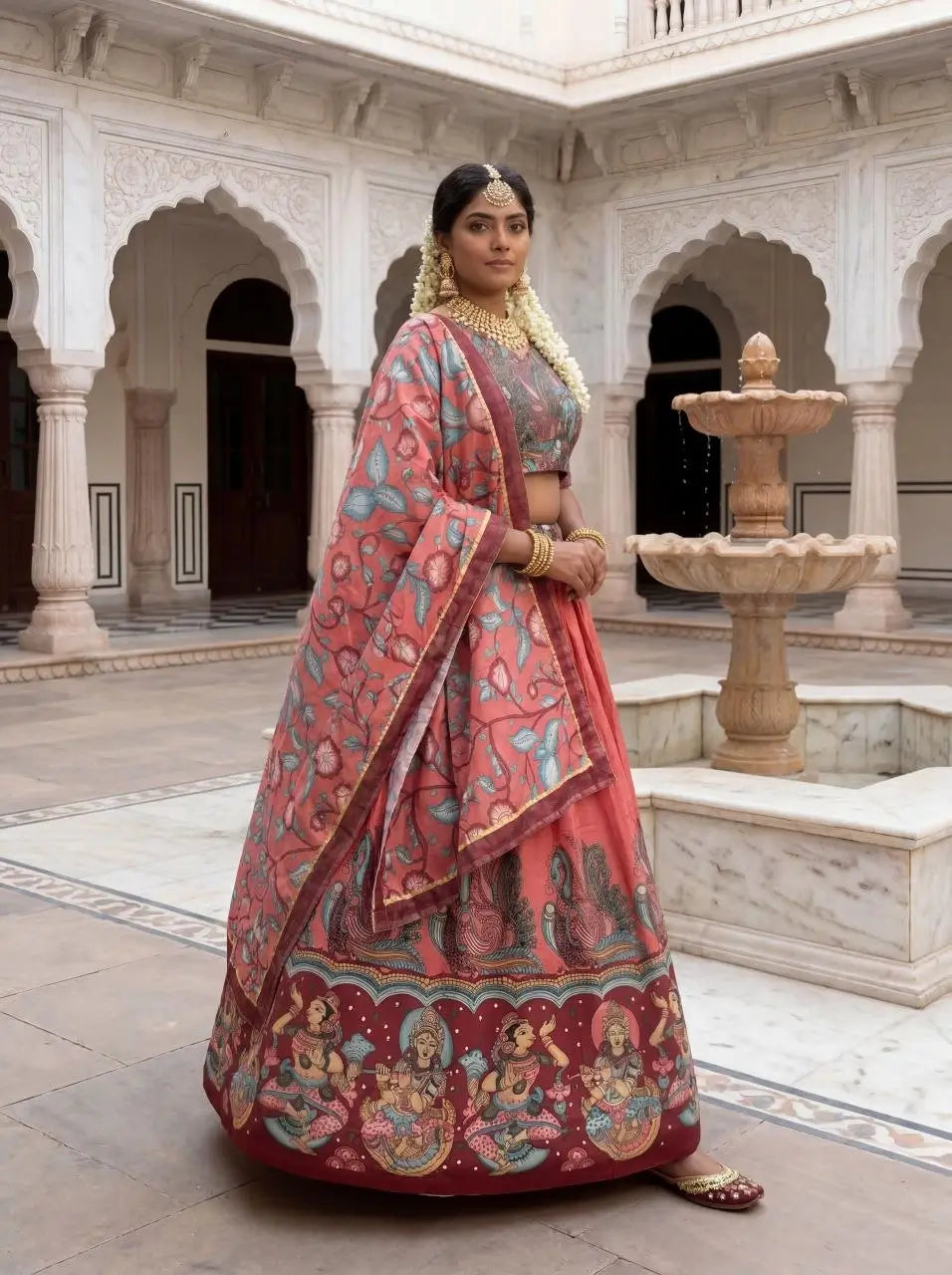 Woman in traditional Indian attire standing in a courtyard with architectural columns and a fountain.