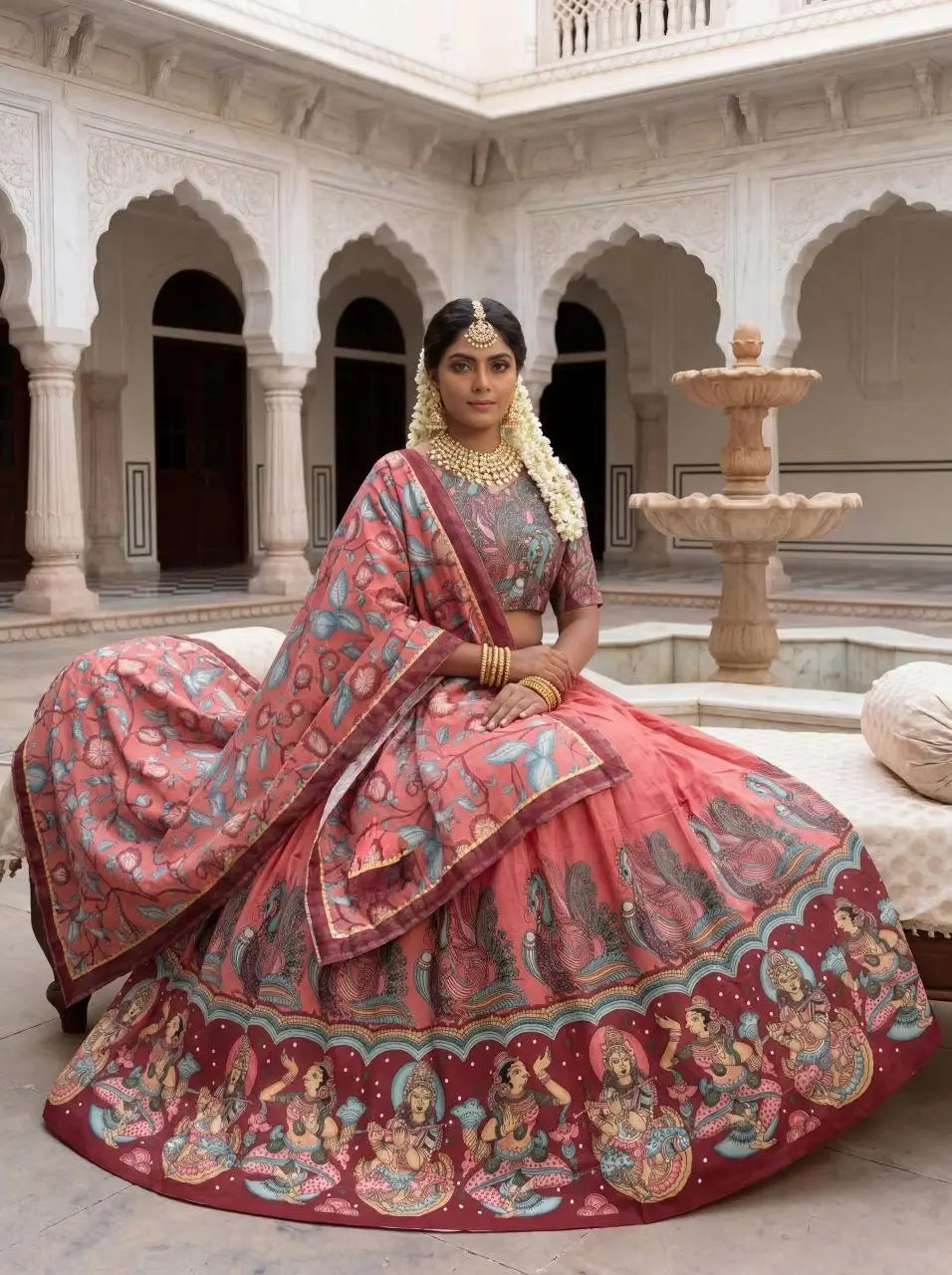 Woman in a traditional pink and red saree with intricate patterns in an architectural setting.