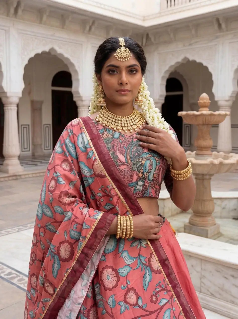 Woman in traditional pink saree with floral patterns in an architectural setting