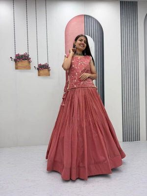 Dusty Rose Crunchy Silk Lehenga Choli Set with Embroidered Jacket