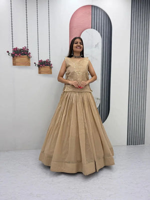 Golden Beige Crunchy Silk Lehenga Choli Set with Embroidered Jacket