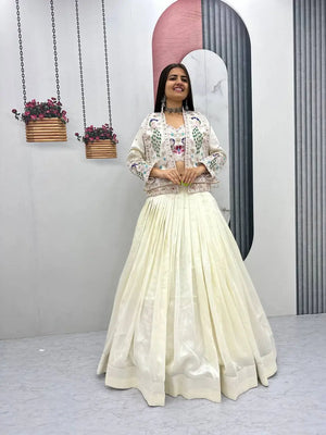 Ivory Vichitra Silk Lehenga Choli Set with Embroidered Jacket