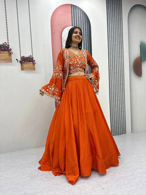 Orange Chinon Lehenga Choli Set with Embroidered Jacket