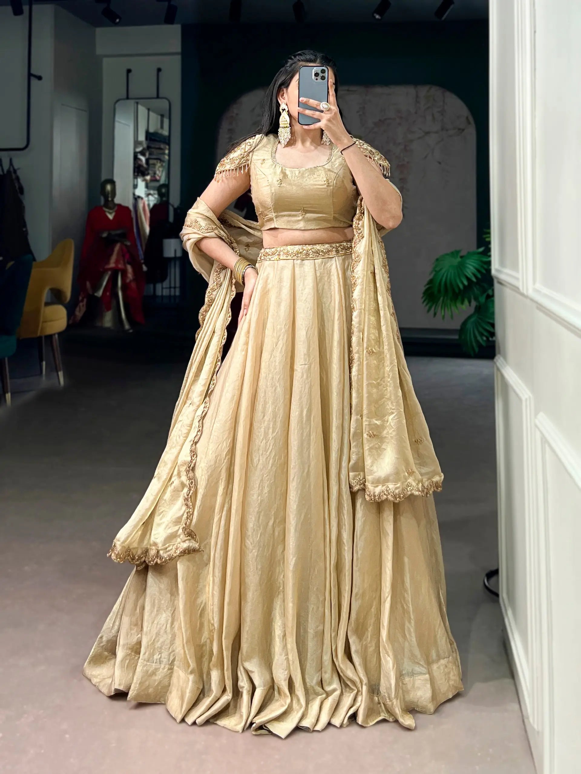 champagne gold lehenga choli set front view with dupatta
