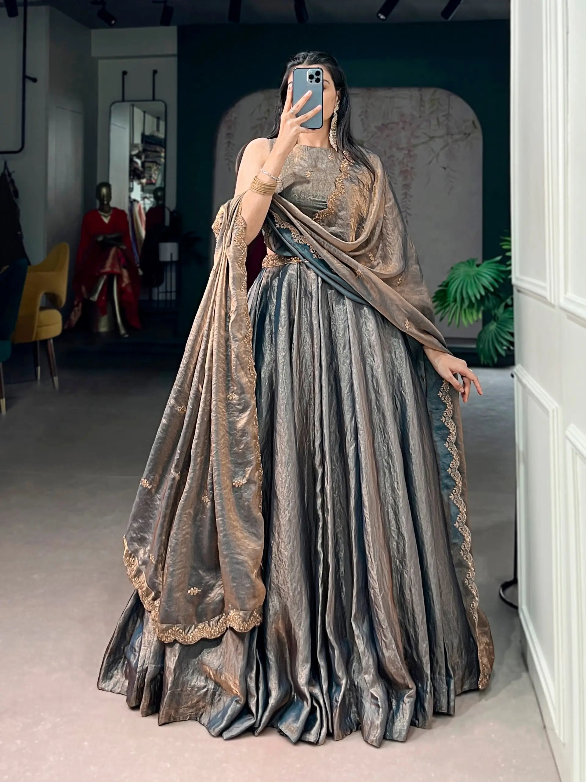 steel grey frendysilk lehenga choli set full view