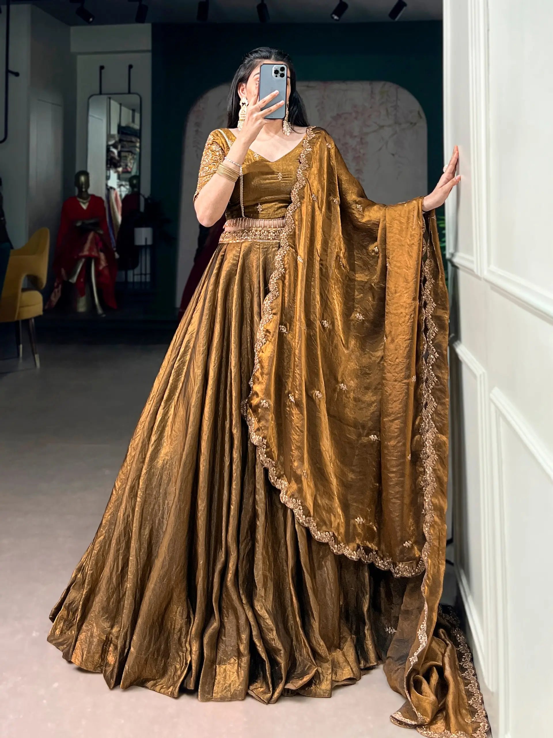 antique brown lehenga choli set front view sequin work